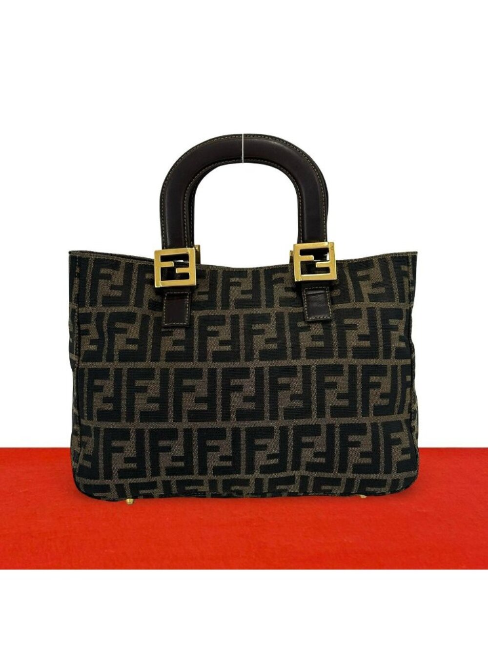 Fendi Zukka FF Logo Canvas Leather Handbag Mini Tote Brown